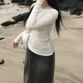 Pintuck Layered Long Sleeve T-shirt Basic Tee Off-shoulder