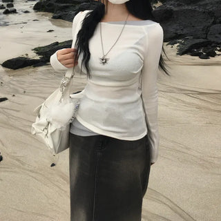 Pintuck Layered Long Sleeve T-shirt Basic Tee Off-shoulder