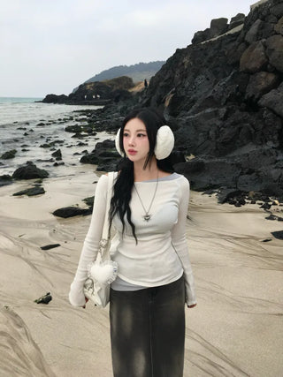 Pintuck Layered Long Sleeve T-shirt Basic Tee Off-shoulder