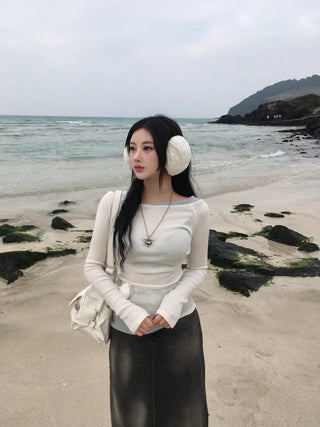 Pintuck Layered Long Sleeve T-shirt Basic Tee Off-shoulder