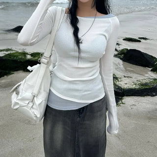 Pintuck Layered Long Sleeve T-shirt Basic Tee Off-shoulder