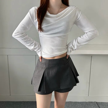 Drape Neck Shirred Off-shoulder Long Sleeve Tee Daily