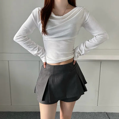 Drape Neck Shirred Off-shoulder Long Sleeve Tee Daily