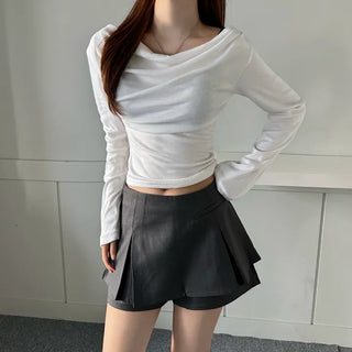 Drape Neck Shirred Off-shoulder Long Sleeve Tee Daily