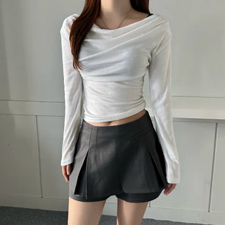 Drape Neck Shirred Off-shoulder Long Sleeve Tee Daily