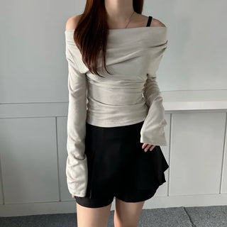 Drape Neck Shirred Off-shoulder Long Sleeve Tee Daily