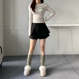 Drape Neck Shirred Off-shoulder Long Sleeve Tee Daily