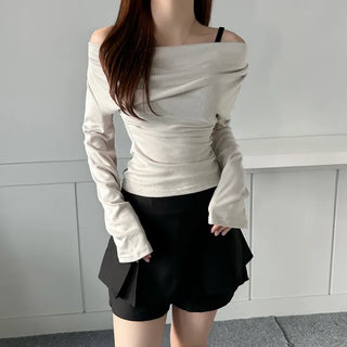 Drape Neck Shirred Off-shoulder Long Sleeve Tee Daily