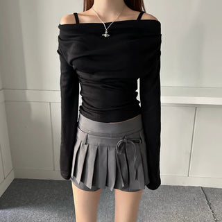 Drape Neck Shirred Off-shoulder Long Sleeve Tee Daily