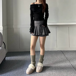 Drape Neck Shirred Off-shoulder Long Sleeve Tee Daily