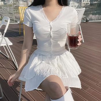 Delicate Lace V-Neck Ribbed Crop V-Line Cardigan Short