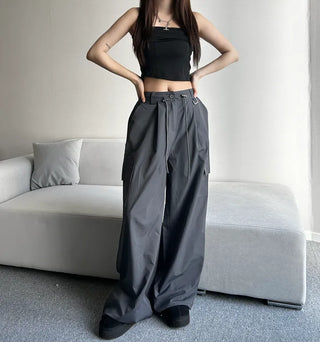Crinkly String Nylon Cargo Pants Wide Jogger Training