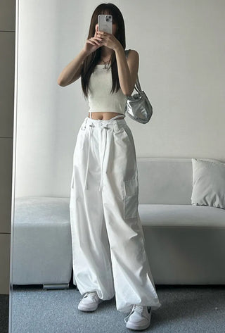 Crinkly String Nylon Cargo Pants Wide Jogger Training