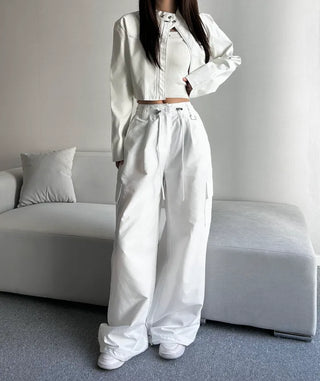 Crinkly String Nylon Cargo Pants Wide Jogger Training