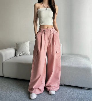Crinkly String Nylon Cargo Pants Wide Jogger Training
