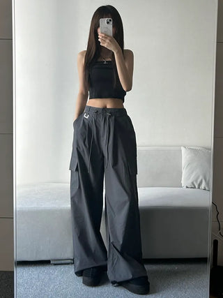Crinkly String Nylon Cargo Pants Wide Jogger Training