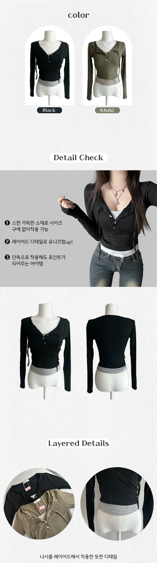 Button Layered Long Sleeve Tee Y2K Unique Daily