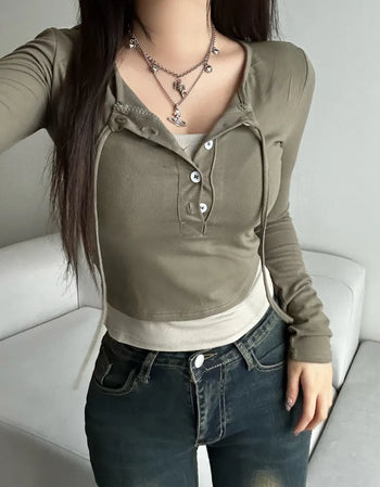 Button Layered Long Sleeve Tee Y2K Unique Daily