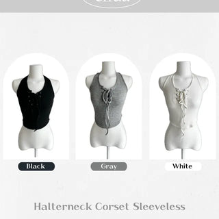 Corset Eyelet Halter Neck Crop Sleeveless Summer Outfit