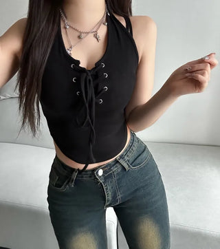 Corset Eyelet Halter Neck Crop Sleeveless Summer Outfit