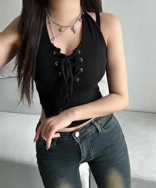 Corset Eyelet Halter Neck Crop Sleeveless Summer Outfit