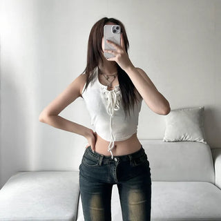 Corset Eyelet Halter Neck Crop Sleeveless Summer Outfit