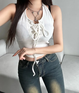 Corset Eyelet Halter Neck Crop Sleeveless Summer Outfit