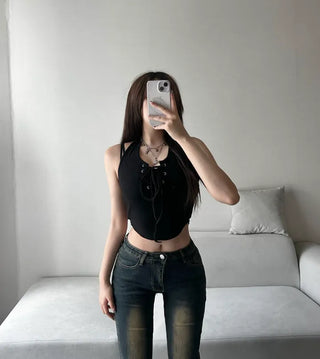 Corset Eyelet Halter Neck Crop Sleeveless Summer Outfit