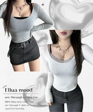 Sexy U-neck See-through Long Sleeve Rolled Tee Glam