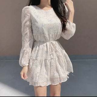 Flower Pattern Tiered Long Sleeve Ribbon Mini Chiffon