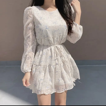 Flower Pattern Tiered Long Sleeve Ribbon Mini Chiffon