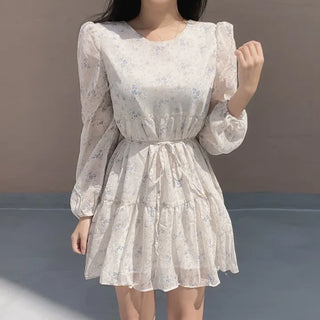 Flower Pattern Tiered Long Sleeve Ribbon Mini Chiffon
