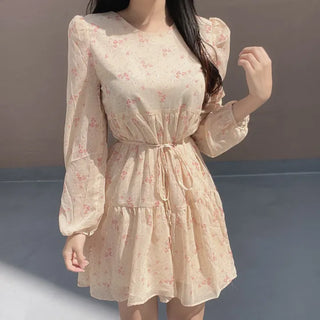 Flower Pattern Tiered Long Sleeve Ribbon Mini Chiffon