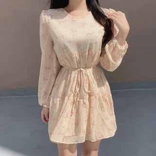Flower Pattern Tiered Long Sleeve Ribbon Mini Chiffon
