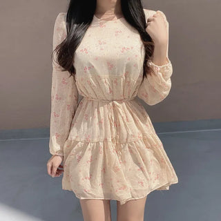 Flower Pattern Tiered Long Sleeve Ribbon Mini Chiffon