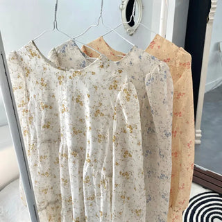Flower Pattern Tiered Long Sleeve Ribbon Mini Chiffon
