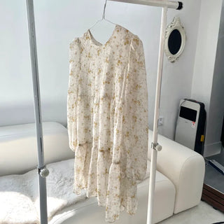 Flower Pattern Tiered Long Sleeve Ribbon Mini Chiffon