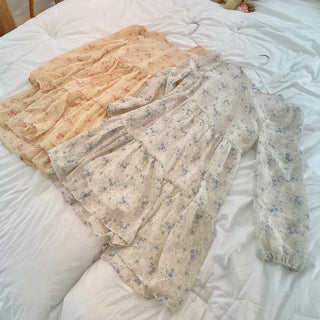Flower Pattern Tiered Long Sleeve Ribbon Mini Chiffon