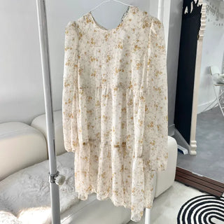 Flower Pattern Tiered Long Sleeve Ribbon Mini Chiffon