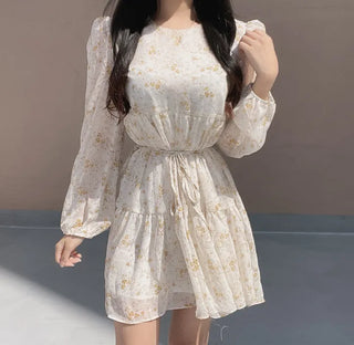 Flower Pattern Tiered Long Sleeve Ribbon Mini Chiffon