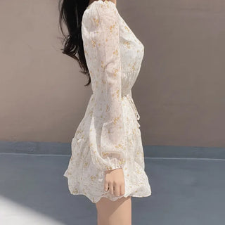 Flower Pattern Tiered Long Sleeve Ribbon Mini Chiffon