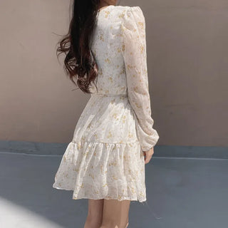 Flower Pattern Tiered Long Sleeve Ribbon Mini Chiffon