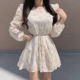 Flower Pattern Tiered Long Sleeve Ribbon Mini Chiffon
