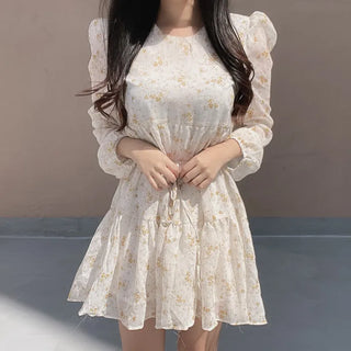 Flower Pattern Tiered Long Sleeve Ribbon Mini Chiffon