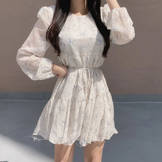 Flower Pattern Tiered Long Sleeve Ribbon Mini Chiffon