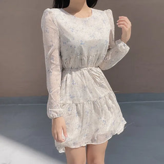 Flower Pattern Tiered Long Sleeve Ribbon Mini Chiffon