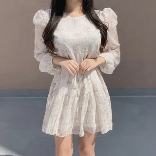 Flower Pattern Tiered Long Sleeve Ribbon Mini Chiffon