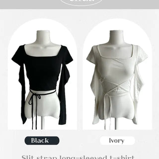 Slit Strap Crop Long Sleeve Tee T-shirt Top