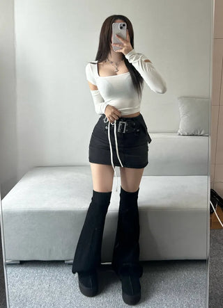 Slit Strap Crop Long Sleeve Tee T-shirt Top