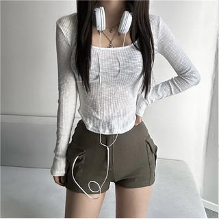 Daily Long Sleeve Ribbed Rolled Tee Basic U-Neck